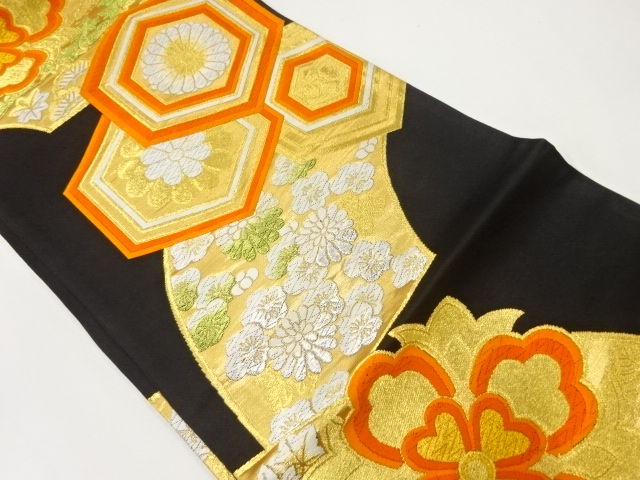 アンティーク　亀甲に花・松楓模様織出し袋帯（材料）